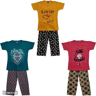 Comfortable Multicoloured Cotton Printed Top With Bottom Set For Girls-Pack Of 3-thumb0