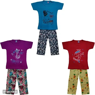 Comfortable Multicoloured Cotton Printed Top With Bottom Set For Girls-Pack Of 3