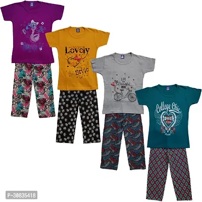 Comfortable Multicoloured Cotton Printed Top With Bottom Set For Girls-Pack Of 4