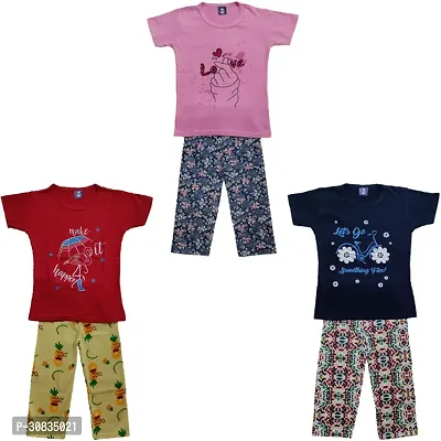 Comfortable Multicoloured Cotton Printed Top With Bottom Set For Girls-Pack Of 3-thumb0