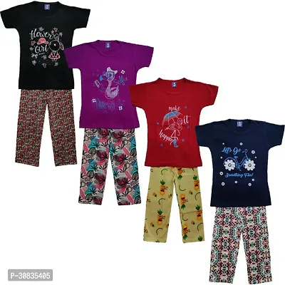 Comfortable Multicoloured Cotton Printed Top With Bottom Set For Girls-Pack Of 4