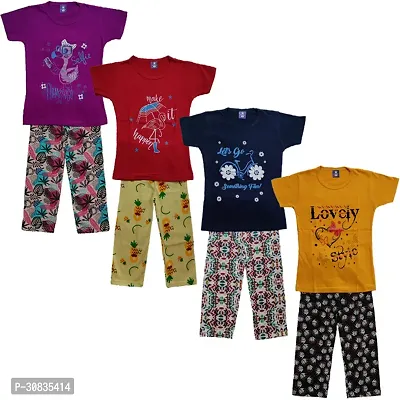 Comfortable Multicoloured Cotton Printed Top With Bottom Set For Girls-Pack Of 4-thumb0