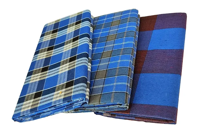 VASTRAM PolyCotton Lungies For Men Free Size Unstitched Lungi Combo Pack of 3 Length 3 Meters.Each (Depends On Design Availability)