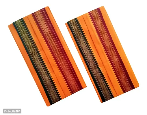 Soft Cotton Gamcha Ocher (Bhagwa) Color Wide Border Useful for puja, Festivals, for Covering Head and face, or for Any Other Purpose, Pack of 2 Paces. (Size 180 cm Length 80 cm Width)-thumb0