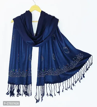 Elite Navy Blue Satin Printed Stole Scarf For Women and Girls