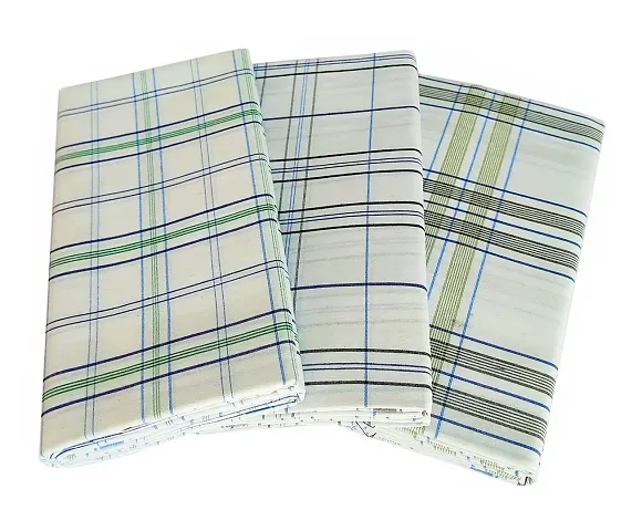 VASTRAM PolyCotton White Check lurgies for Men Free Size Unstitched Lungi Combo Pack of 3 Pieces, Length - 2 Mts. Each (Depends on Design Availability)