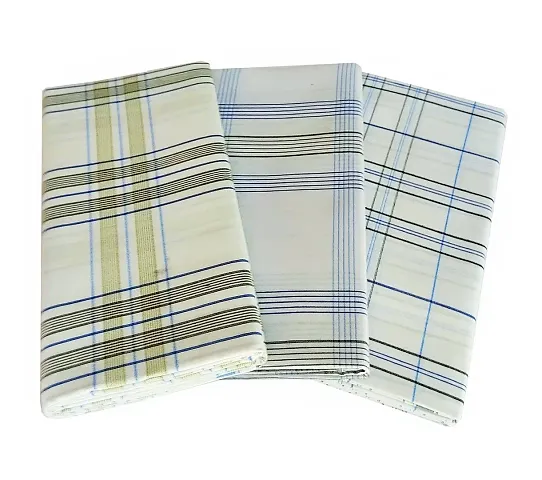 VASTRAM Poly Cotton White Check Lungi for Men Free Size Unstitched Lungi Combo Pack of 3 Piece, Length- 2 Mts. Each (Depends on Design Availability)