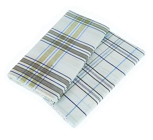 VASTRAM PolyCotton White Check Lungi for Men Free Size Unstitched Lungi Combo (Pack of 2) Length- 2 Mts. Each (Depends on Design Availability)