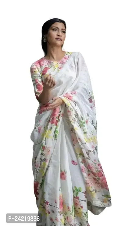 SATIKA VASTRAM Women's Cotton Line Silk Soft Printed Zari Weaving Border Saree with Unstitched Blouse piece-thumb0