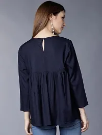 Elegant Navy Blue Cotton Self Design Tops For Women-thumb1