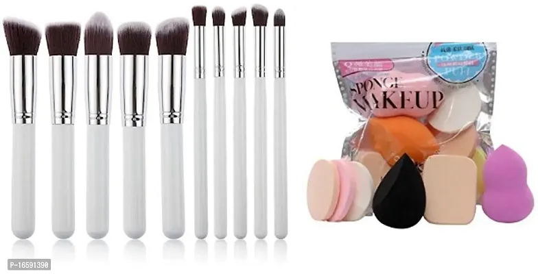 Proffessional Beauty Makeup brushes set of 10 White  brushes with Puff Packet mix color