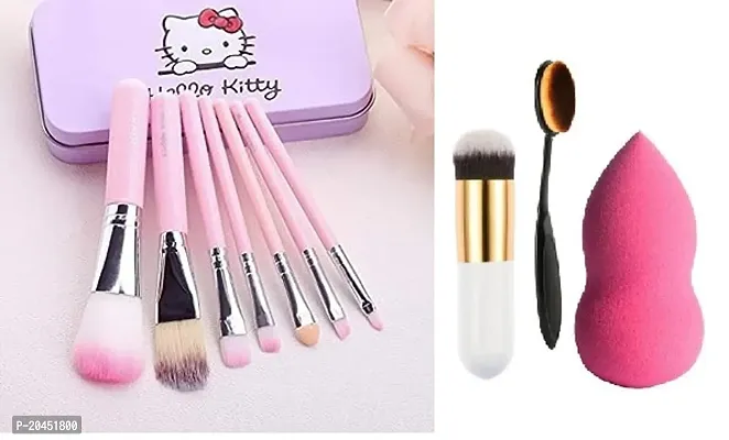 PINK HELLO KITTY ,WHITE FOUNDATION MAKEUP BRUSHES ,OVAL BRUSH  WITH BLENDER PUFF