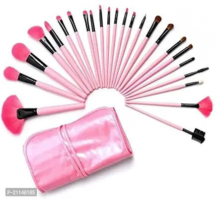 Soft Bristle Makeup Brush Set with Storage Pouch- Pink, 24 Pieces Pink Leather