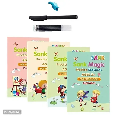 Magic Practice Copybook, (4 BOOK + 10 REFILL+ 1 Pen +1 Grip) Number Tracing Book for Preschoolers with Pen, Magic Calligraphy Copybook Set Practical Reusable Writing Tool Simple Hand Lettering/..