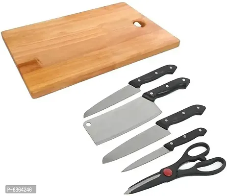 Wooden Style Chopping Board Combo, 1 Chopping Board+ 4 Knief+ 1 Scissor-thumb0