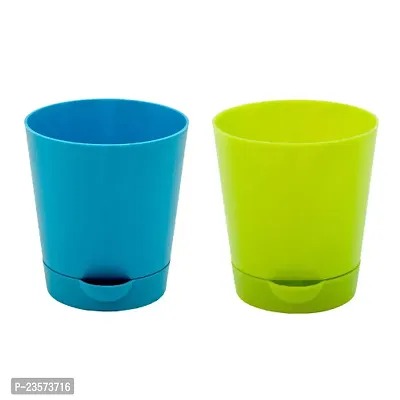 Phulwa | 4 Inch Green and Blue Colour Self -Watering Round Plastic Planter (set of 2)