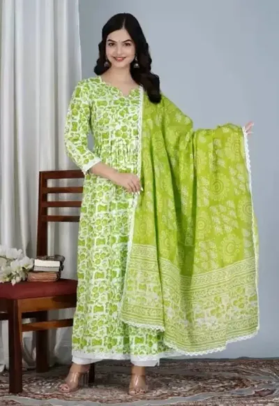 Stylish Sanganeri Printer Anarkali Gown Kurta Pant And Dupatta Set