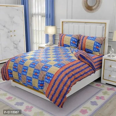 Comfortable Multicoloured Glace Cotton Abstract Double Bedsheet With Two Pillow Covers