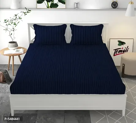 Navy Blue Glace Cotton Double Size Elastic Fitted Bedsheet With Two Pillow Covers-thumb0