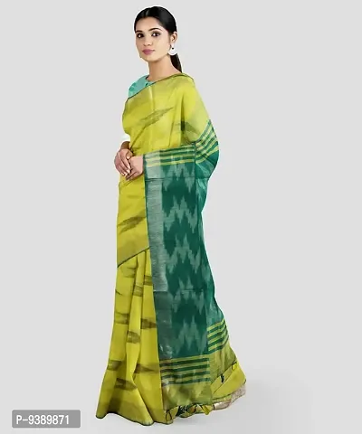 INDIA SILK P.W.C.S LTD Handloom Women's Bhagalpuri Pure Cotton Ikkat Handmade Design Saree With Blouse Color Slight Pallu Simple & Sober Free Size 5.5 Meter 80 Cm Blouse (Rama Yellow)-thumb4