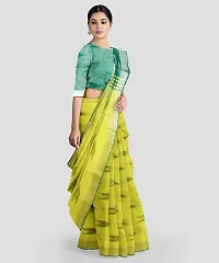 INDIA SILK P.W.C.S LTD Handloom Women's Bhagalpuri Pure Cotton Ikkat Handmade Design Saree With Blouse Color Slight Pallu Simple & Sober Free Size 5.5 Meter 80 Cm Blouse (Rama Yellow)-thumb2