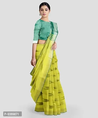 INDIA SILK P.W.C.S LTD Handloom Women's Bhagalpuri Pure Cotton Ikkat Handmade Design Saree With Blouse Color Slight Pallu Simple & Sober Free Size 5.5 Meter 80 Cm Blouse (Rama Yellow)-thumb3