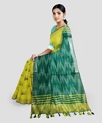 INDIA SILK P.W.C.S LTD Handloom Women's Bhagalpuri Pure Cotton Ikkat Handmade Design Saree With Blouse Color Slight Pallu Simple & Sober Free Size 5.5 Meter 80 Cm Blouse (Rama Yellow)-thumb4