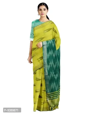 INDIA SILK P.W.C.S LTD Handloom Women's Bhagalpuri Pure Cotton Ikkat Handmade Design Saree With Blouse Color Slight Pallu Simple & Sober Free Size 5.5 Meter 80 Cm Blouse (Rama Yellow)