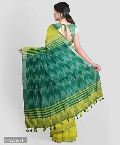 INDIA SILK P.W.C.S LTD Handloom Women's Bhagalpuri Pure Cotton Ikkat Handmade Design Saree With Blouse Color Slight Pallu Simple & Sober Free Size 5.5 Meter 80 Cm Blouse (Rama Yellow)-thumb2