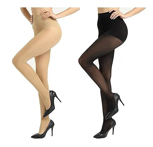 SSRS Women Girl's Full Length High Waisted Pantyhose Stockings (Pack of 2) (Black Beige)