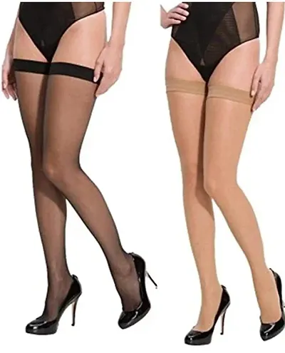 Global Laurent Women's Full Coverage Thigh High Full Long Legs Length Stocking Socks (Skin_Black_2 Pair)