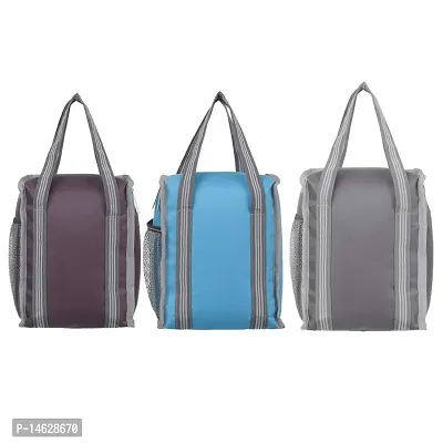 Right Choice Denim 3 Piece Combo All Age Lunch Bags Carry on School Office  Picnic Tiffin Bag. (Brown/Sky Blue/Grey)-thumb2