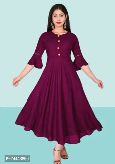 Womens Solid Round Flared Bell Sleeves Kurti (Wine)-thumb0