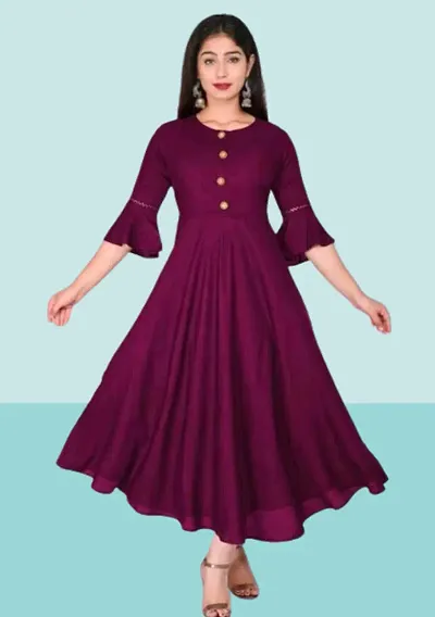 Womens Solid Round Flared Bell Sleeves Kurti (Wine)