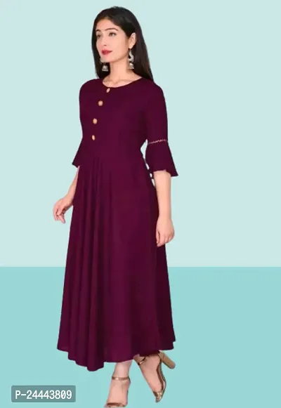 Womens Solid Round Flared Bell Sleeves Kurti (Wine)-thumb3