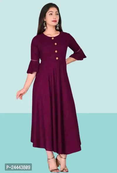 Womens Solid Round Flared Bell Sleeves Kurti (Wine)-thumb4