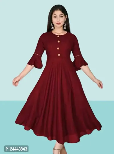 Womens Solid Round Flared Bell Sleeves Kurti (Maroon)-thumb0