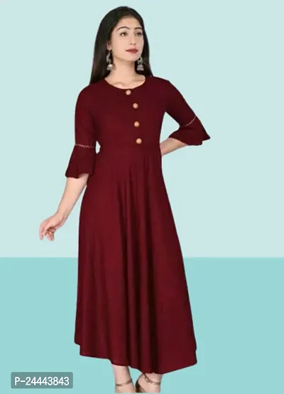 Womens Solid Round Flared Bell Sleeves Kurti (Maroon)-thumb3