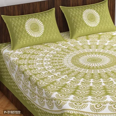 Elegant Olive Cotton Blend Printed Double Bedsheet With 2 Pillow Cover-thumb0