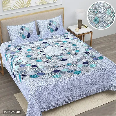 Elegant Blue Cotton Blend Printed Double Bedsheet With 2 Pillow Cover-thumb0