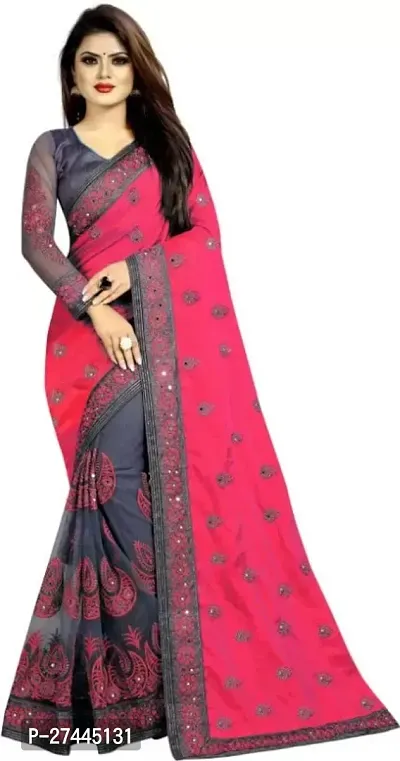Beautiful Georgette Embroidered Half-Half Saree With Blouse Piece-thumb0