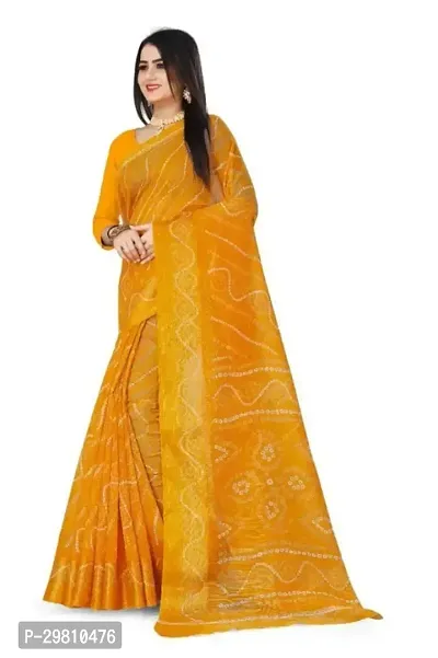 Stylish Cotton Blend Yellow Printed Saree With Blouse Piece-thumb0