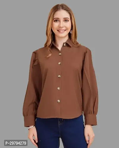 Elegant Brown Crepe Solid Shirt For Women-thumb0