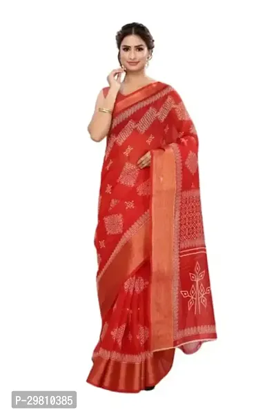 Stylish Cotton Blend Red Printed Saree With Blouse Piece-thumb0