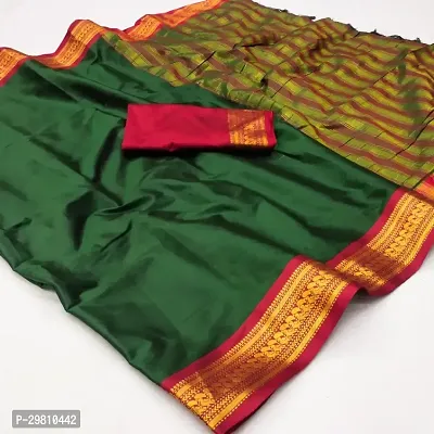 Stylish Cotton Silk Dark Green Printed Saree With Blouse Piece