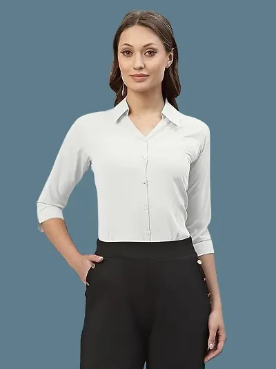 Elegant White Crepe Solid Shirt For Women