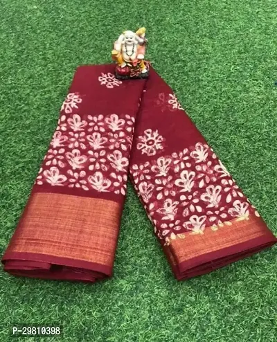 Stylish Cotton Blend Maroon Printed Saree With Blouse Piece-thumb0