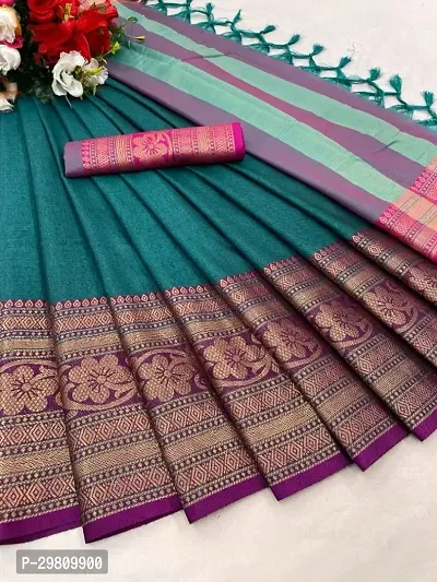 Stylish Cotton Silk Teal Printed Saree With Blouse Piece-thumb0