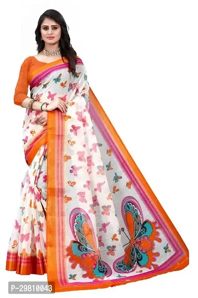 Stylish Cotton White Printed Saree With Blouse Piece-thumb0