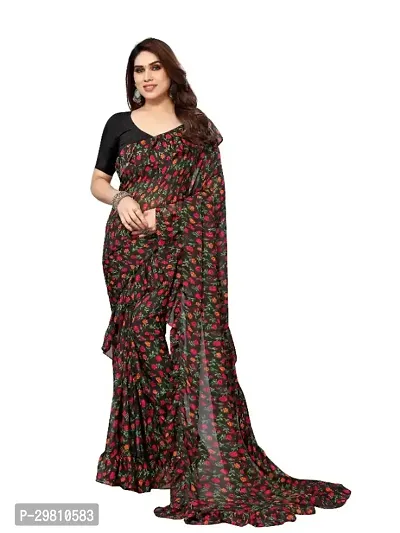 Stylish Georgette Black Printed Saree With Blouse Piece-thumb0